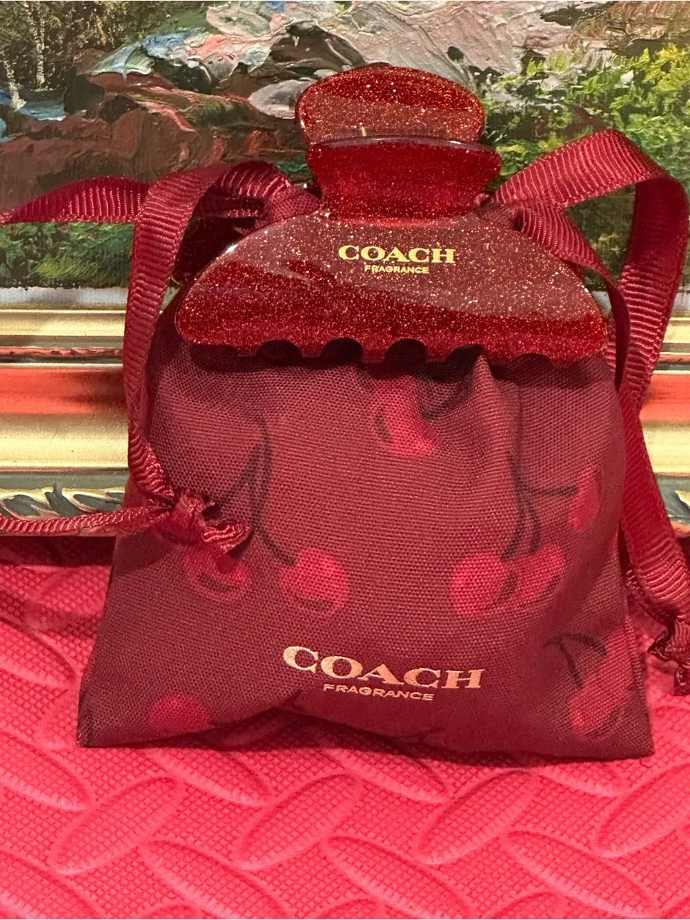 COACH Red Glitter Hair Claw Clip with Gold Logo